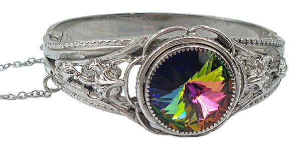 Vintage Hinged Bracelet Silver Tone Embossed Large Vitrail Medium Rivoli