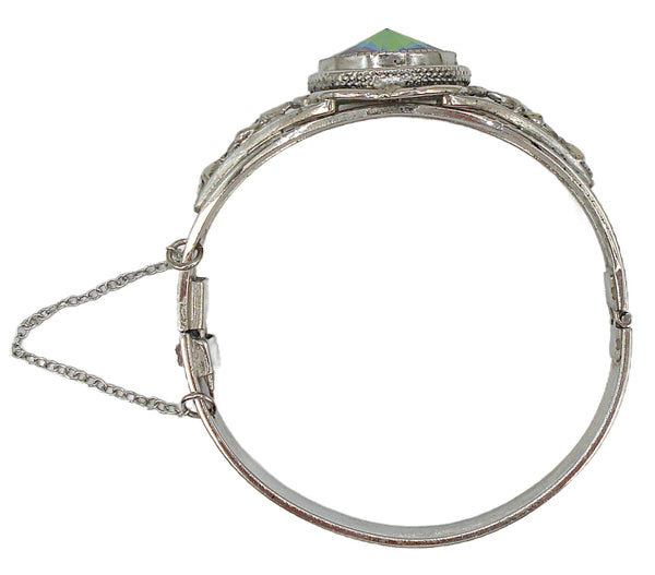 Vintage Hinged Bracelet Silver Tone Embossed Large Vitrail Medium Rivoli