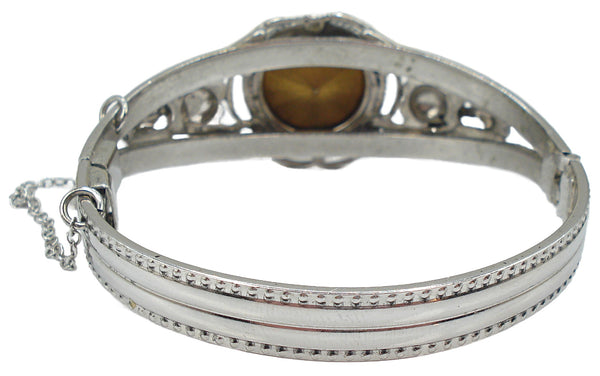 Vintage Hinged Bracelet Silver Tone Embossed Large Vitrail Medium Rivoli