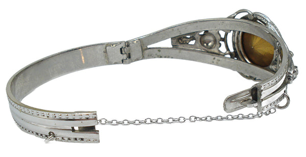 Vintage Hinged Bracelet Silver Tone Embossed Large Vitrail Medium Rivoli