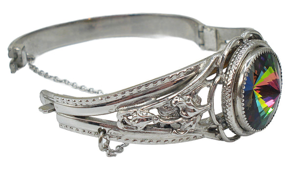 Vintage Hinged Bracelet Silver Tone Embossed Large Vitrail Medium Rivoli