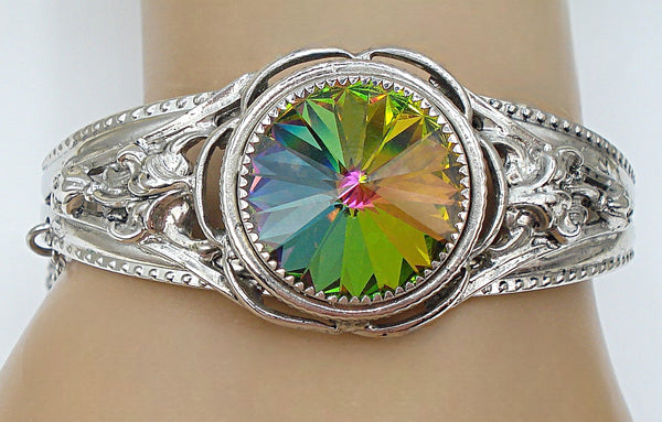 Vintage Hinged Bracelet Silver Tone Embossed Large Vitrail Medium Rivoli