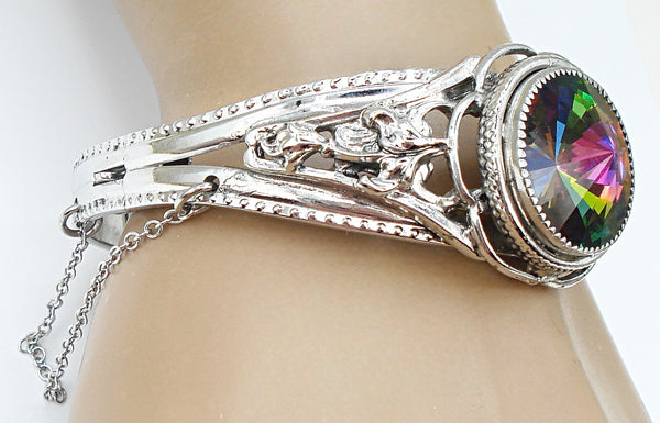 Vintage Hinged Bracelet Silver Tone Embossed Large Vitrail Medium Rivoli