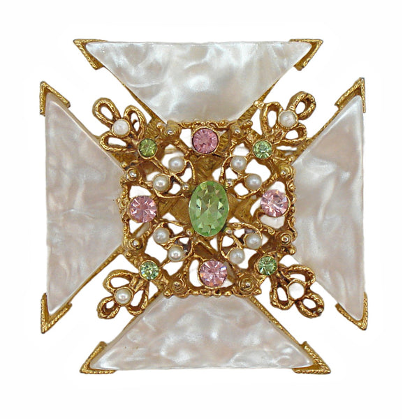BSK Maltese Cross Brooch 1 3/4" MOP Pink Green Faux Pearls