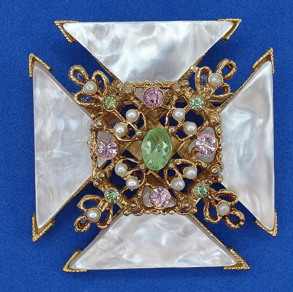 BSK Maltese Cross Brooch 1 3/4" MOP Pink Green Faux Pearls