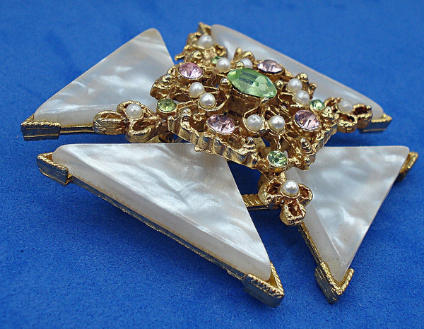 BSK Maltese Cross Brooch 1 3/4" MOP Pink Green Faux Pearls