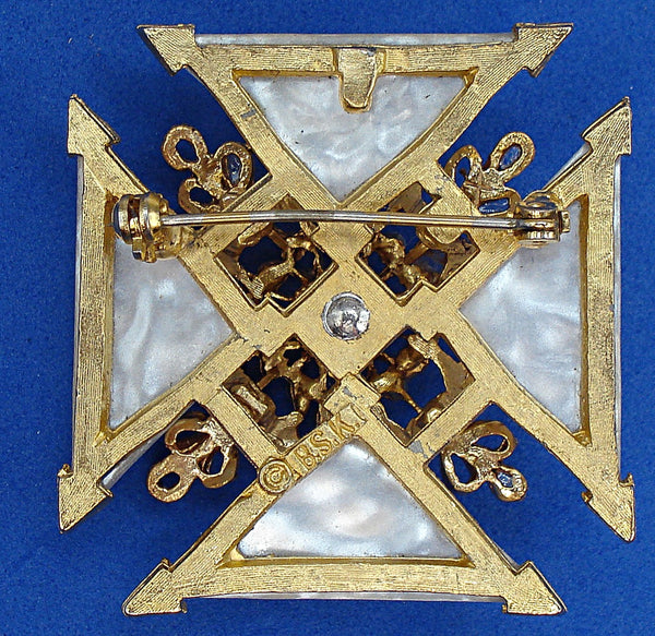BSK Maltese Cross Brooch 1 3/4" MOP Pink Green Faux Pearls