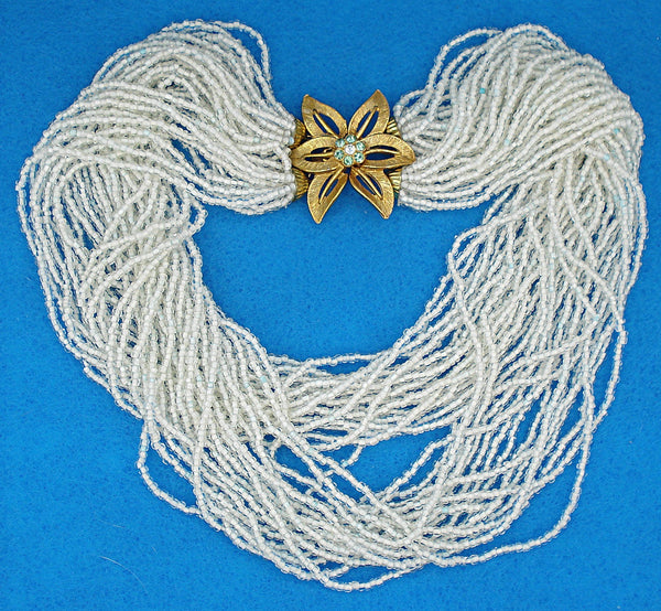 Necklace 16" Multi Strand White Glass Seed Beads Flower Rhinestones Hook Clasp
