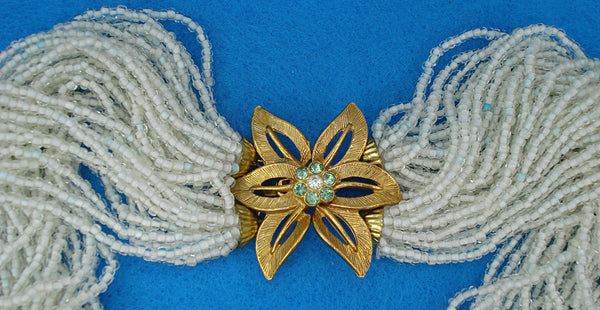 Necklace 16" Multi Strand White Glass Seed Beads Flower Rhinestones Hook Clasp