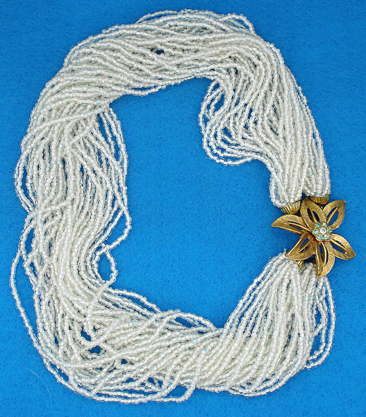 Necklace 16" Multi Strand White Glass Seed Beads Flower Rhinestones Hook Clasp