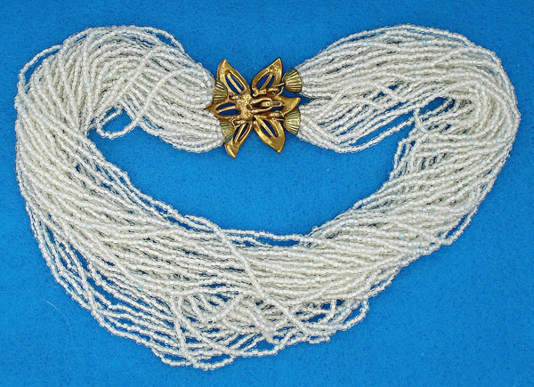 Necklace 16" Multi Strand White Glass Seed Beads Flower Rhinestones Hook Clasp
