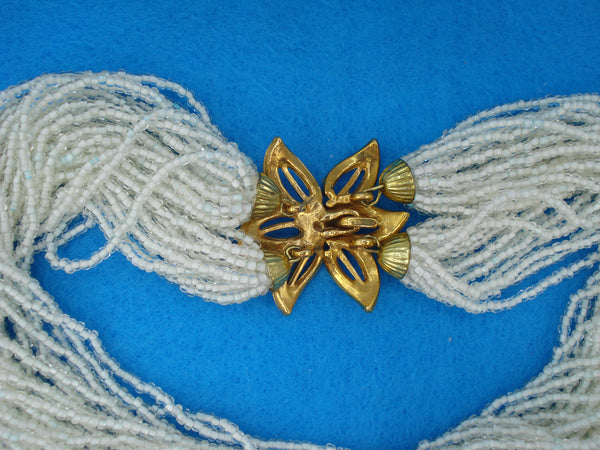 Necklace 16" Multi Strand White Glass Seed Beads Flower Rhinestones Hook Clasp