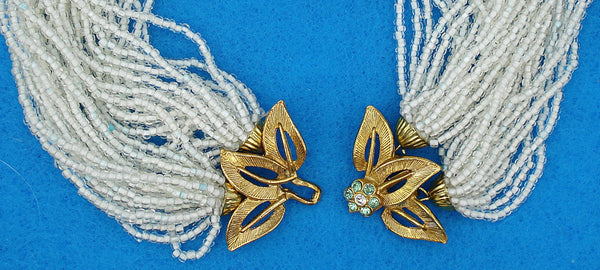 Necklace 16" Multi Strand White Glass Seed Beads Flower Rhinestones Hook Clasp