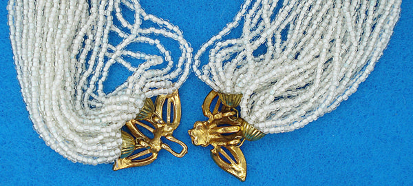 Necklace 16" Multi Strand White Glass Seed Beads Flower Rhinestones Hook Clasp