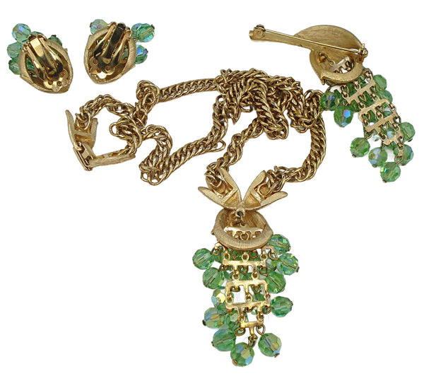Unsigned Alice Caviness Jewelry Set 3pc Brushed Gold Tone Peridot AB Glass Bead Layered Dangles