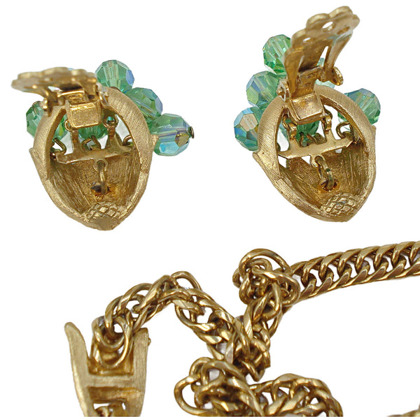 Unsigned Alice Caviness Jewelry Set 3pc Brushed Gold Tone Peridot AB Glass Bead Layered Dangles
