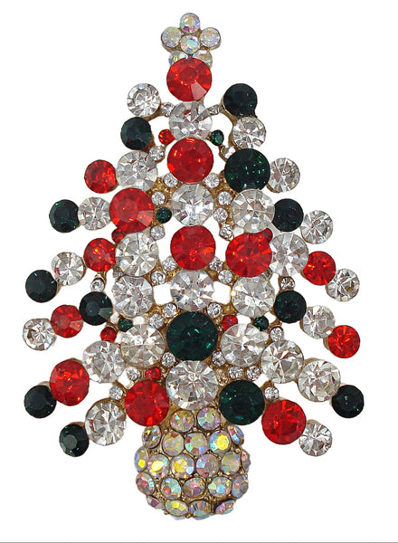 Vintage Christmas Tree Brooch Gold Tone Red Crystal Green Crystal AB Star Trunk 2.5"