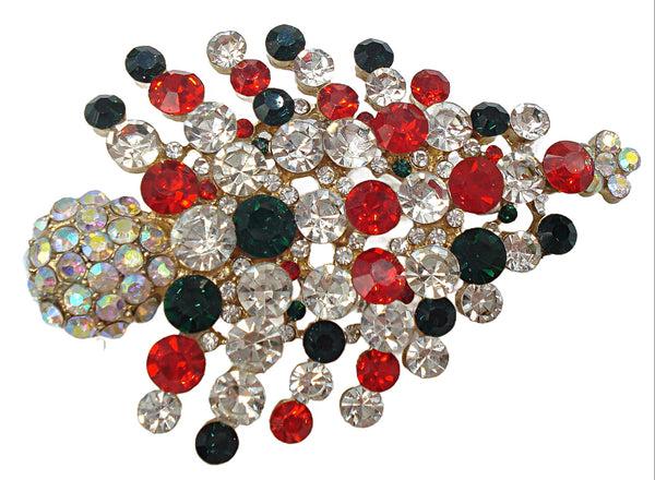 Vintage Christmas Tree Brooch Gold Tone Red Crystal Green Crystal AB Star Trunk 2.5"