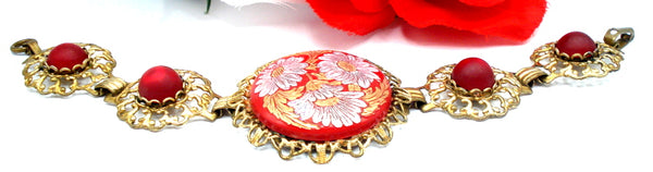 Unique Victorian Revival Bracelet Red Floral Cabochons