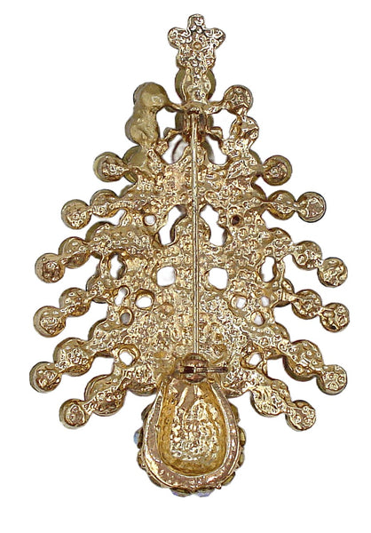 Vintage Christmas Tree Brooch Gold Tone Red Crystal Green Crystal AB Star Trunk 2.5"
