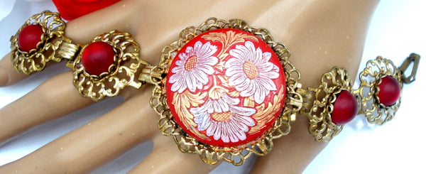 Unique Victorian Revival Bracelet Red Floral Cabochons