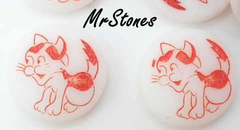 11mm (2194) White Red Cat Kitty Round Cabochon Disc Glass West Germany