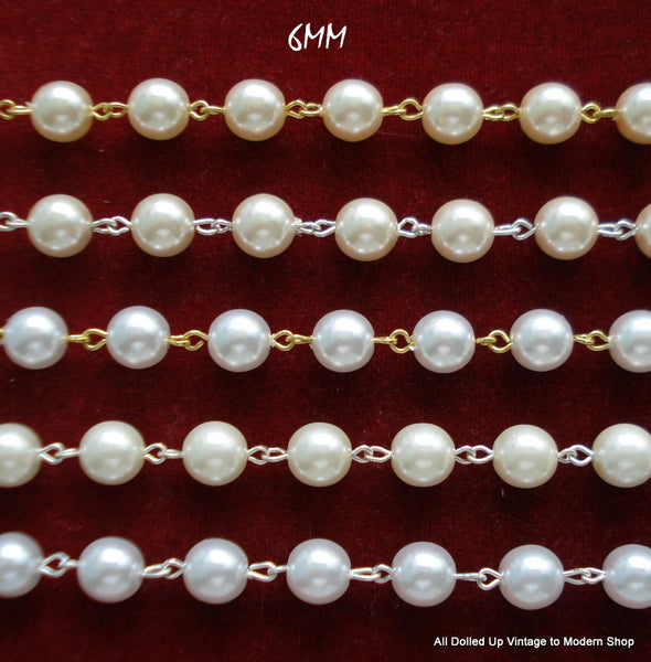 Link Chain Pearl White/Brass/Gold Tone Creme White By The Inch 4mm 6mm 8mm