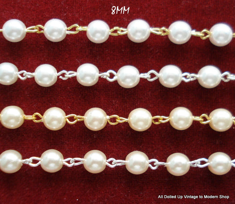 Link Chain Pearl White/Brass/Gold Tone Creme White By The Inch 4mm 6mm 8mm