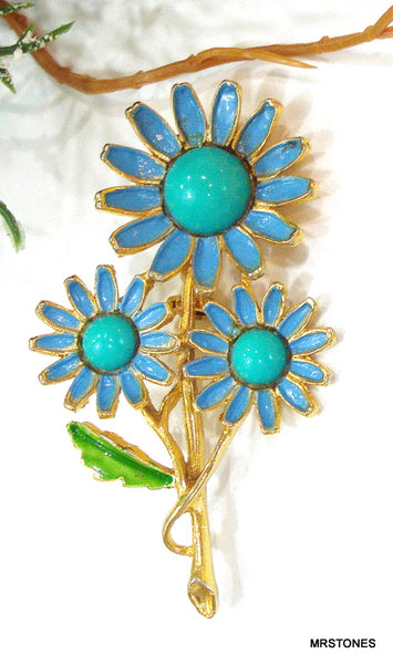 Weiss Blue Enamel Turq Cab Flower Brooch