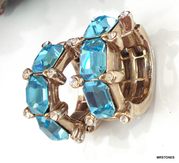 Aqua Crystal Rhinestone Hinged Earrings