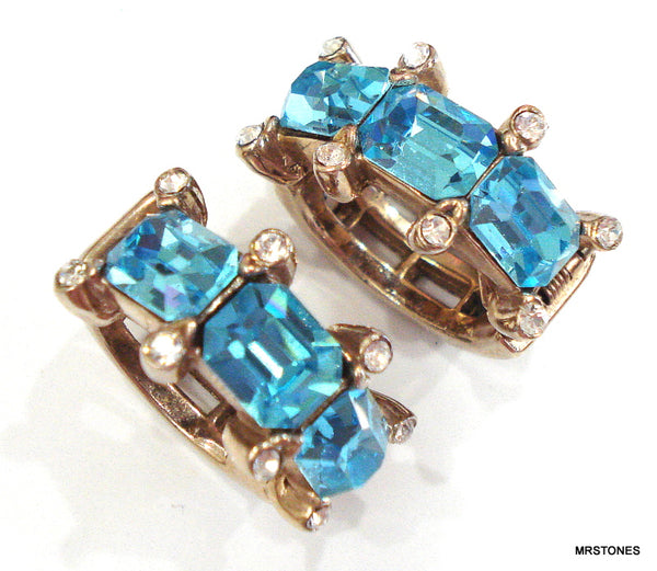 Aqua Crystal Rhinestone Hinged Earrings