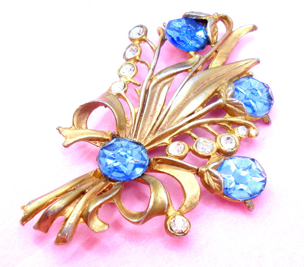 3" Floral Bouquet Brooch Sapphire Crystal
