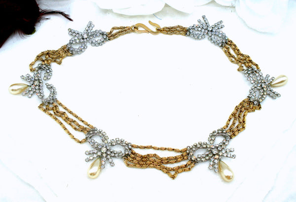 Christian Dior Rhinestone Pearl Dangle Bows Necklace