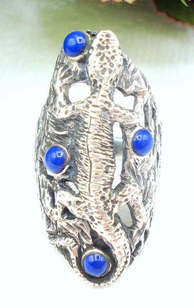 Vintage Sterling Silver Lapis Lizard Ring