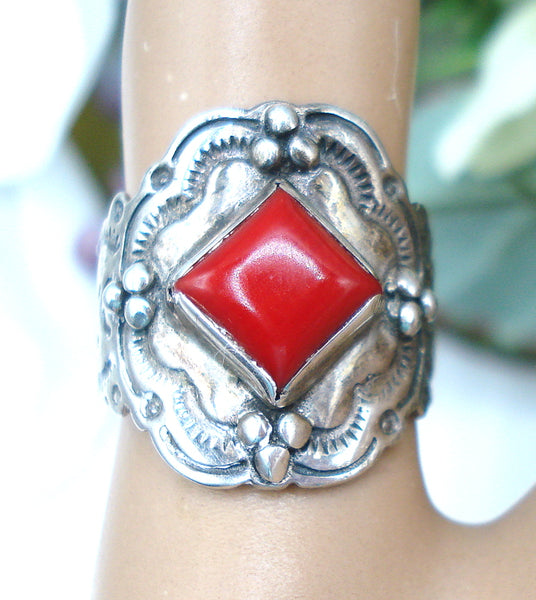 Sterling Square Coral Ring Size 7