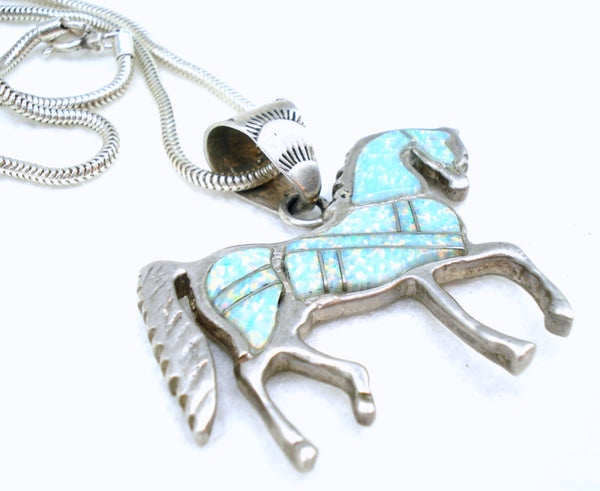 Vintage Calvin Peterson Horse 925 Opal Pendant Necklace