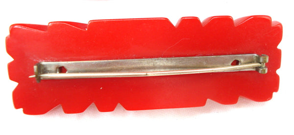 Rich Red Bakelite Carved Bar Brooch 2.5"