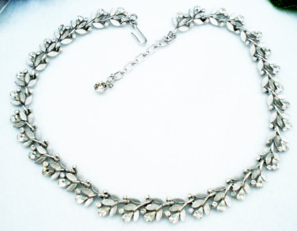 Trifari Necklace Silver Tone Leaves Rhinestones