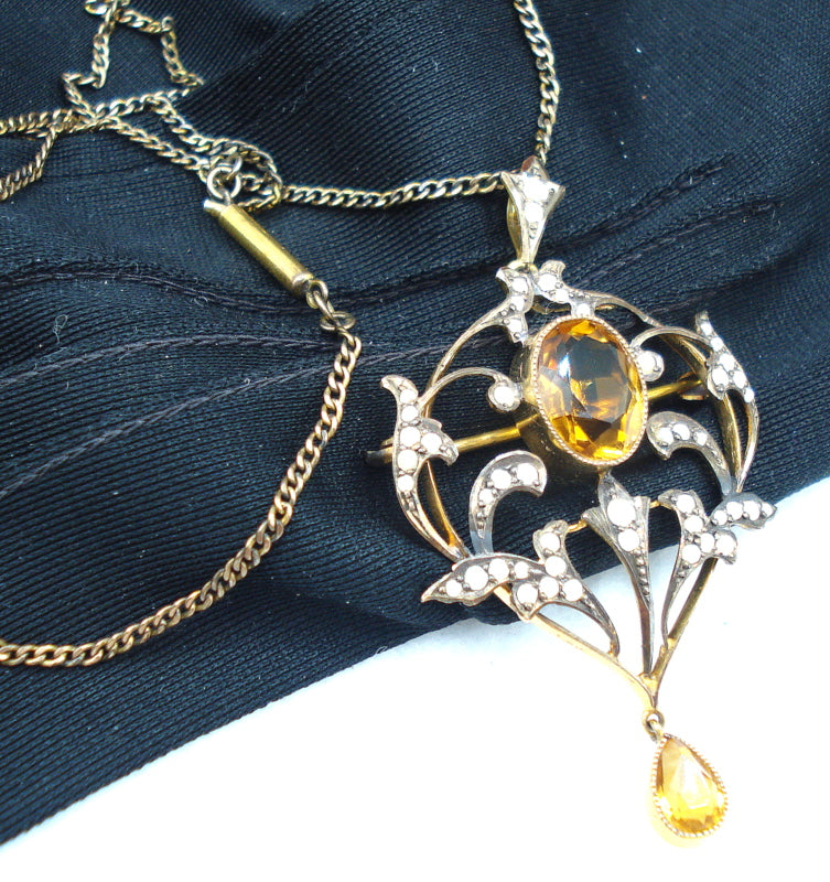 Antique Victorian Revival Topaz Pearl Necklace Brooch