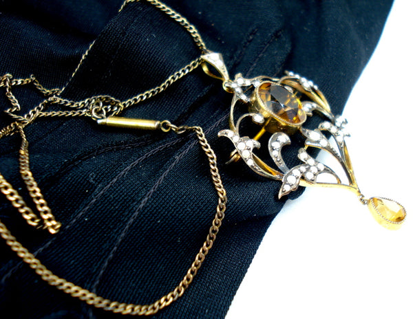 Antique Victorian Revival Topaz Pearl Necklace Brooch