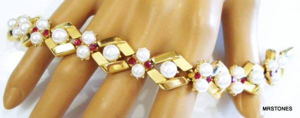 Trifari Crown Faux Ruby Pearl Bracelet
