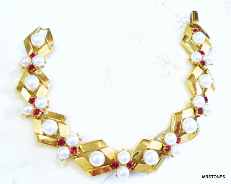Trifari Crown Faux Ruby Pearl Bracelet