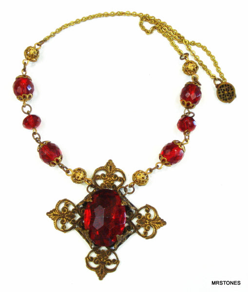 Antique Necklace Siam Cross Rhinestone Beads