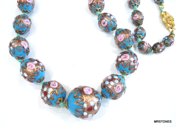Murano Blue Pink Wedding Cake Bead Necklace