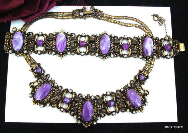 Victorian Revival Set Amethyst Lucite Faux Pearls