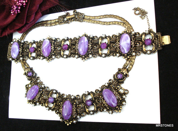 Victorian Revival Set Amethyst Lucite Faux Pearls