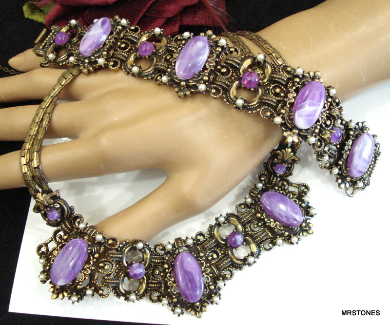 Victorian Revival Set Amethyst Lucite Faux Pearls