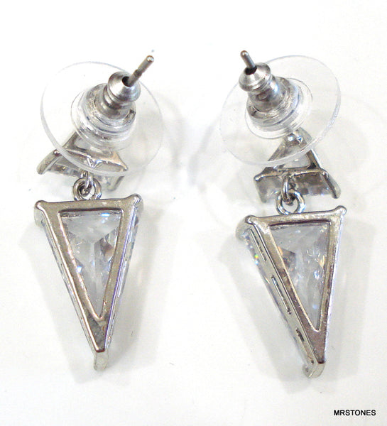 Cubic Zirconia Triangle Silver Tone Post Dangle Earrings