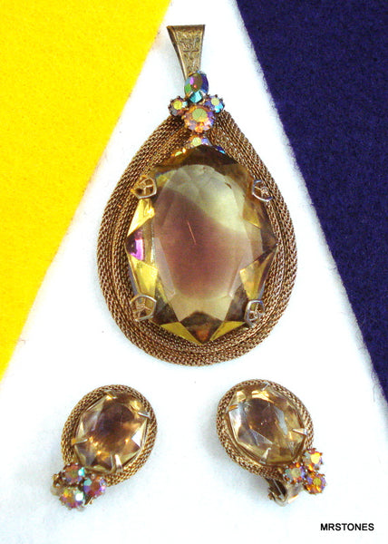 Victorian Revival Pendant Earrings Set Mesh Bi-Color AB Rhinestone