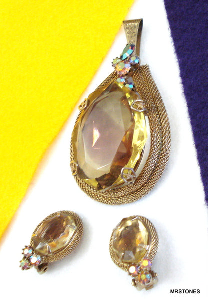 Victorian Revival Pendant Earrings Set Mesh Bi-Color AB Rhinestone
